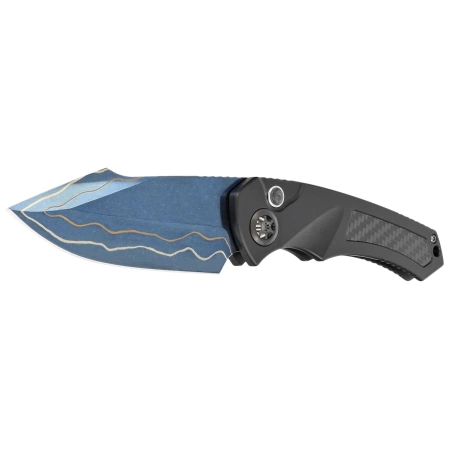 Nóż automatyczny Heretic Pariah-A Custom DLC Aluminium / Carbon Fiber Inlays, Blued Baker Forge AuroraMai Damascus by Tony Marfione Jr.