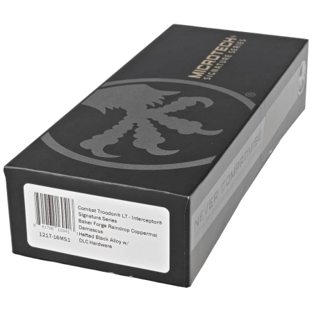 Nóż automatyczny OTF Microtech Custom Combat Troodon LT Interceptor Signature Black Aluminium, Baker Forge Raindrop CopperMai Damascus by Tony Marfione (1217-16MS1)