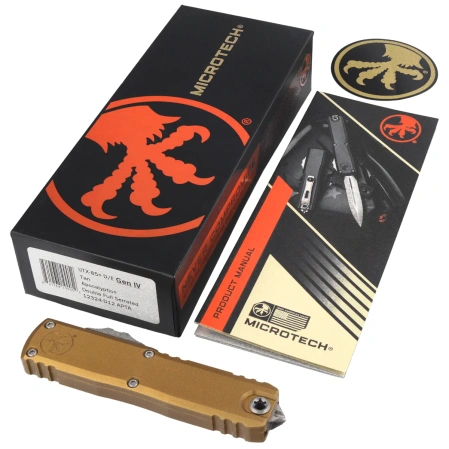 Nóż automatyczny OTF Microtech UTX-85 Gen IV D/E Tan Aluminium, Apocalyptic F/S M390MK by Tony Marfione (12324-D12APTA)