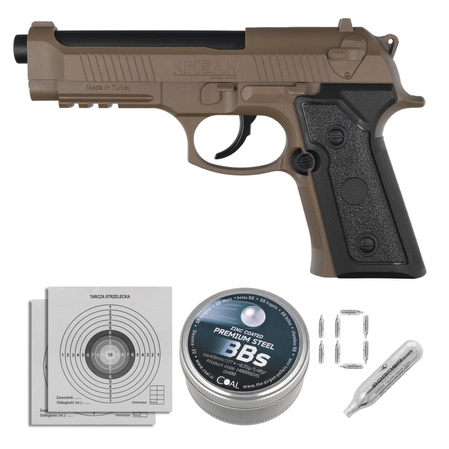 Zestaw wiatrówkowy 63: Pistolet Niksan Defence NKS CP92 Tan 4.5 mm, 1400 BBs, 10 kapsuł CO₂, 100 tarcz
