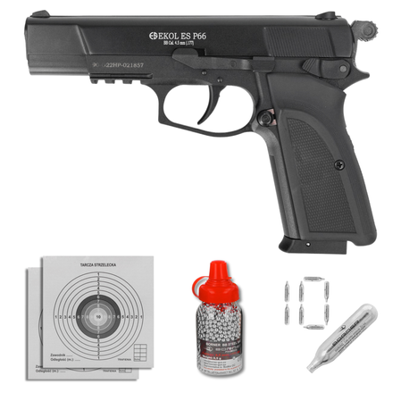 Zestaw wiatrówkowy 12: pistolet Voltran Ekol ES P66 Matte Black 4.5 mm, 1500 BBs, 10 kapsuł CO₂, 100 tarcz