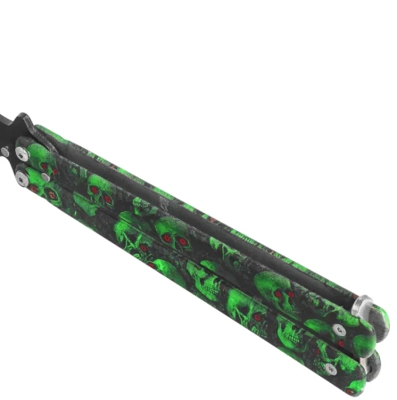 Nóż motylkowy Third Decor Habitat Balisong K3102V Practice Fan Knife Non-Cutting Green Skull 420, Non-Edging Black 420 (TH-K3102V)