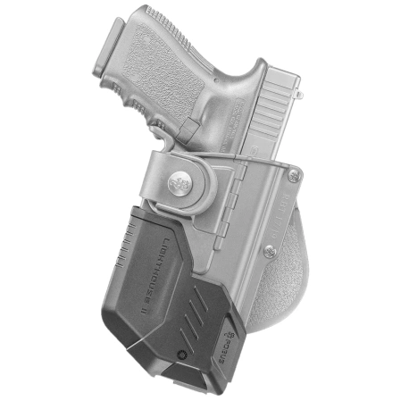 Fobus Holster, Tactical Series, for Glock 19, 19X, 23 (excluding 23 and 22 Gen 5), 32, and 45. This holster is designed for tactical use and is compatible with flashlights and laser units (RBT19G2 Bundle).