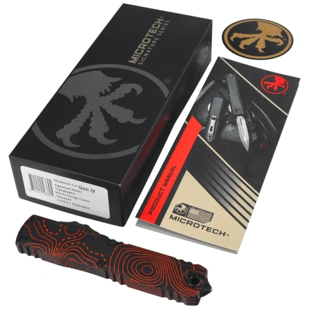 Microtech Ultratech Gen IV T/E Signature OTF Knife Topographic Black-Orange Camo Smooth Aluminum, Topographic Black-Orange Camo M390MK by Tony Marfione (11234-1TPBKORCS)