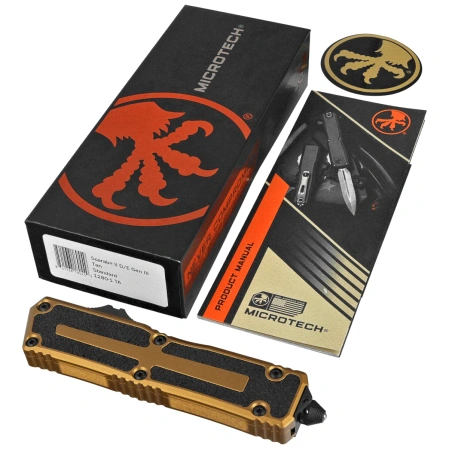 Nóż automatyczny OTF Microtech Scarab II Gen III D/E Tan Aluminium, Black M390MK by Tony Marfione (1280-1TA)