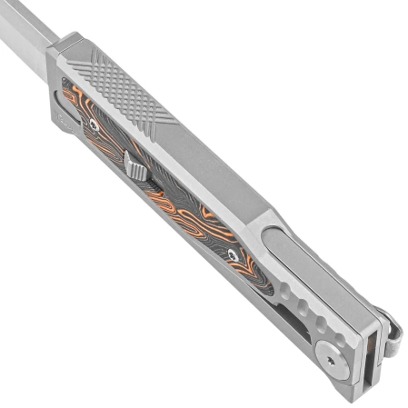 Reate EXO-M Gravity T/E Knife Bead Blasted Titanium/Damascus Orange-Black G10, Satin Elmax