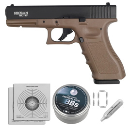 Zestaw wiatrówkowy 65: Pistolet Niksan Defence NKS GL17 Tan Blow Back 4.5 mm, 1400 BBs, 10 kapsuł CO₂, 100 tarcz