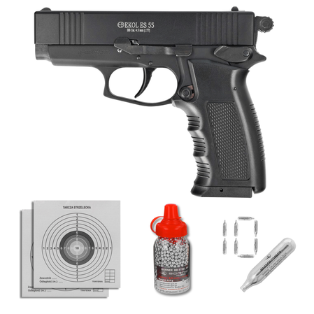 Zestaw pistolet wiatrówka Voltran Ekol ES 55 Matte Black 4.5 mm, 1500 BBs, 10 kapsuł, tarcze