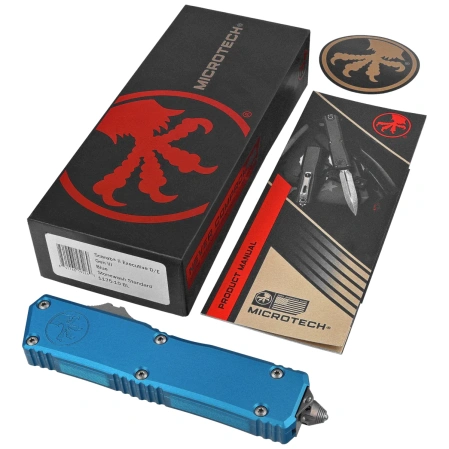Nóż automatyczny OTF Microtech Scarab II Gen III Executive D/E Blue Aluminium, Stonewashed M390MK by Tony Marfione (1175-10BL)