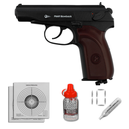 Airgun set 41: Borner Makarov PM49 Blow Back 4.5 mm CO2 Air Pistol, 1500 BBs, 10 CO₂ cartridges, 100 targets