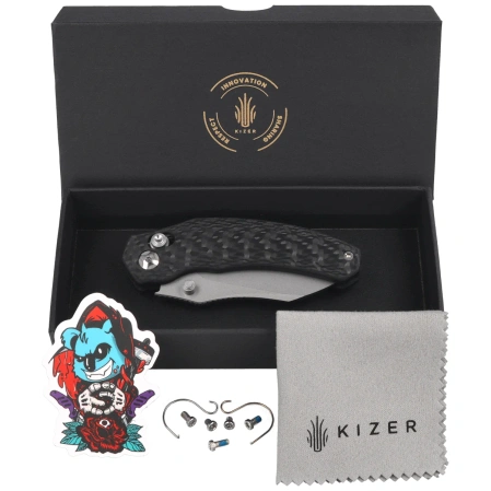 Kizer Mini Bulldog Knife Carbon Fiber, Stonewashed S45VN by O.SHO (Ki3672SA3)