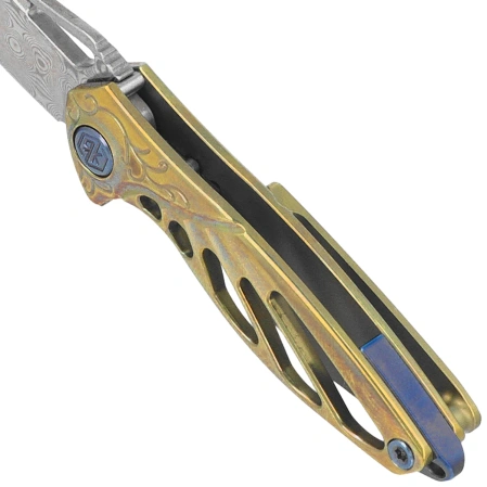 Rike Knife Mini Hummingbird Gold Titanium, Rose Damascus by Richard Wu (RK-MINI-GO)