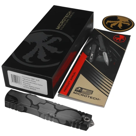 Microtech Luminary ZBP D/E Signature OTF Knife Urban Backwoods Camo Aluminum, Urban Backwoods Camo M390MK by Tony Marfione (1270-1WOUCS)