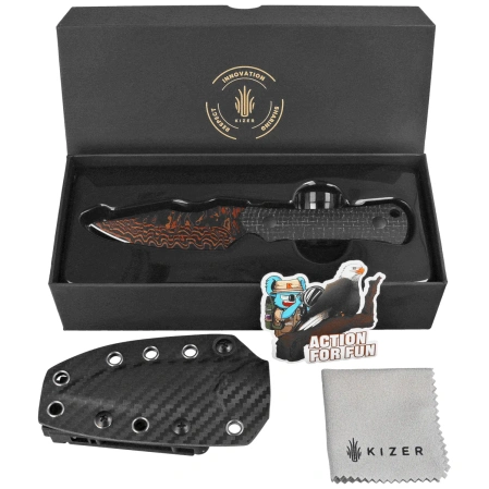 Kizer Bone Knife Black Micarta, Copper Damascus by Maverick Customs (1122A2)