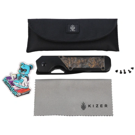 Kizer Militaw Knife Black Titanium / Dark Matter Gold Fat Carbon, Black Polished DLC S45VN by Jonathan Styles (Ki3634A3)