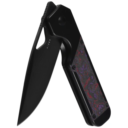 Kizer Militaw Knife Black Titanium / Purple Haze Fat Carbon, Black DLC S45VN by Jonathan Styles (Ki3634A2)