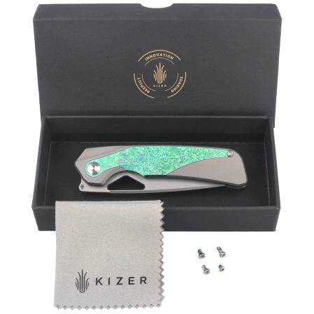 Kizer Topsail Knife Silver-Green Crystallized Titanium, Blast M390 by Jonathan Styles (Ki3735A4)