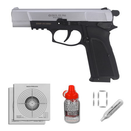 Zestaw wiatrówkowy 15: pistolet Voltran Ekol ES P66 White 4.5 mm, 1500 BBs, 10 kapsuł CO₂, 100 tarcz