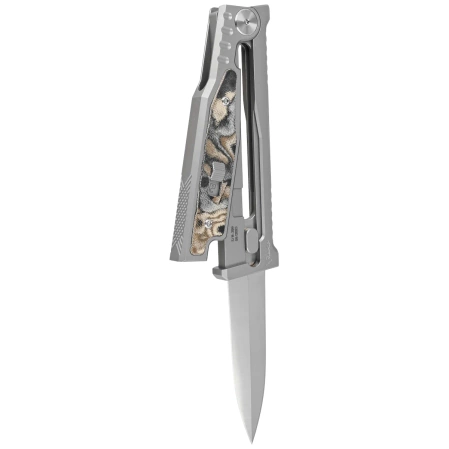 Nóż grawitacyjny Reate EXO-M OTF Gravity D/E Bead Blasted Titanium/Burl Linen Micarta, Satin Elmax