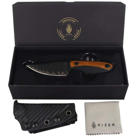 Kizer Finch Knife Black G10/Mkuruti Wood, Acid Washed 3-layer Composite Steel by Vincent Rizzo (1134A1)