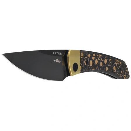 Kizer Mini MoMo Kamo Gold Titanium / Camo Gold Fat Carbon, Polished DLC S90V by Vladimir Legachev (Ki3663A3)