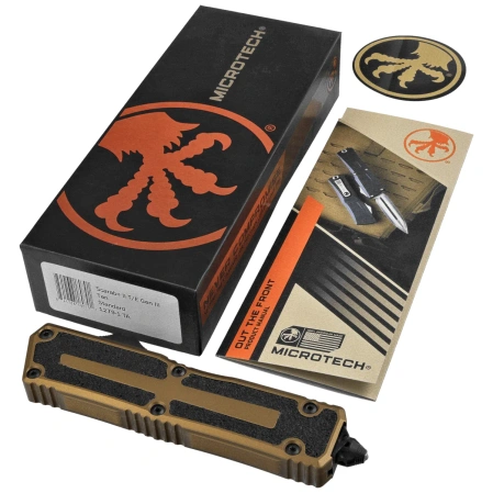 Microtech Scarab II Gen III T/E OTF Knife Tan Aluminum, Black M390MK by Tony Marfione (1279-1TA)