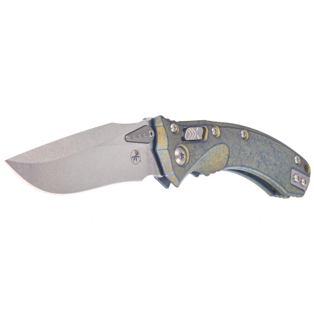 Nóż składany Microtech Amphibian Mini Ram-Lok S/E Marfione Select Galactic Gold Slab Side Titanium, Blue Bksp, Stonewashed M390MK by Tony Marfione (137MRL-10MS15)