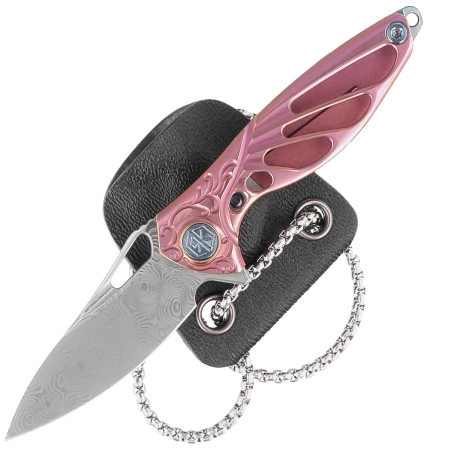 Rike Knife Mini Hummingbird Pink Titanium, Rose Damascus by Richard Wu (RK-MINI-PI)