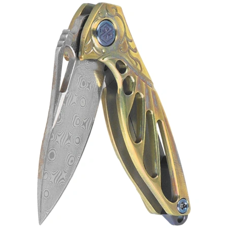 Rike Knife Mini Hummingbird Gold Titanium, Rose Damascus by Richard Wu (RK-MINI-GO)