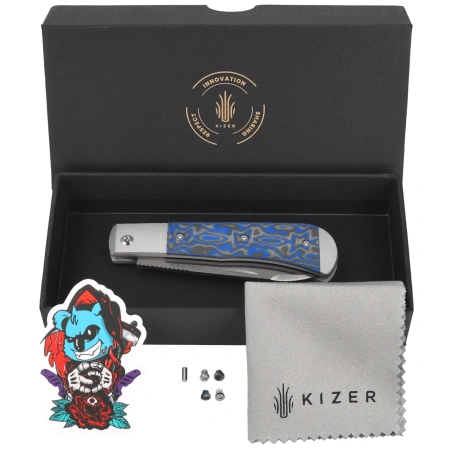 Nóż składany Kizer Trestle D Grey Aluminium / Blue Vortex Micarta, Satin Nitro-V by Azo (V3760A2)