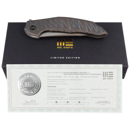 Nóż składany WE Knife Merata LE No 149/200 Tiger Stripe Titanium, Hand Rubbed Satin CPM 20CV by Anton Tkachenko (WE22008A-3)