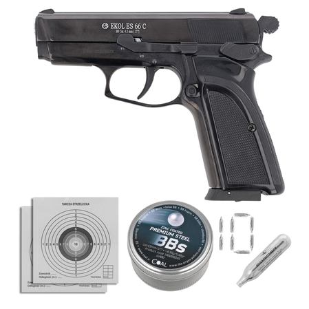 Airgun set 05: Voltran Ekol ES 66C Black 4.5 mm Pistol, 1400 BBs, 10 CO₂ cartridges, 100 targets