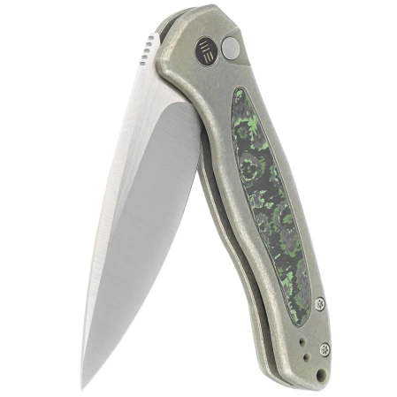 WE Knife Button Lock Kitefin LE No 000/157 Green Titanium/Jungle Wear Fat Carbon, Hand Polished Satin CPM 20CV (WE19002N-2)