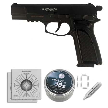Airgun set 10: Voltran Ekol ES P66 Black 4.5 mm Pistol, 1400 BBs, 10 CO₂ cartridges, 100 targets