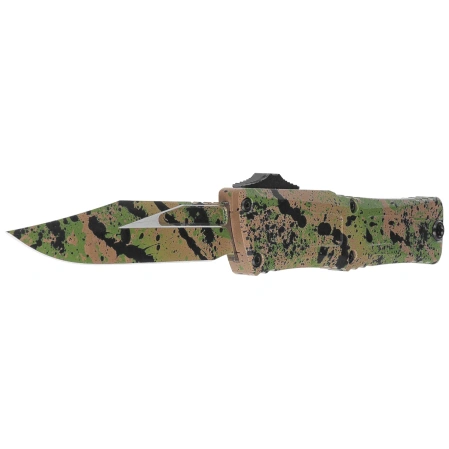 Microtech Combat Troodon Gen III Bowie Signature OTF Knife OD Green/Tan W/Black Splatter Aluminum, OD Green/Tan W/Black Splatter M390MK by Tony Marfione (1146-1ODTA BKSPLS)