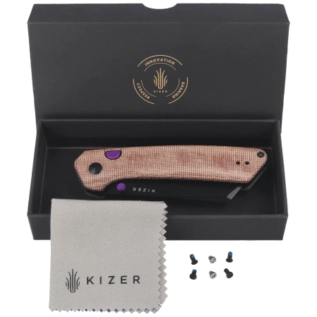 Kizer Madrac Knife Brown Norplex UltreX Micarta, Black PVD 14C28N by Matteo Pignatelli (V3693BSA1)