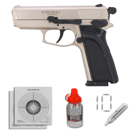 Zestaw wiatrówkowy 07: pistolet Voltran Ekol ES 66C Satin 4.5 mm, 1500 BBs, 10 kapsuł CO₂, 100 tarcz