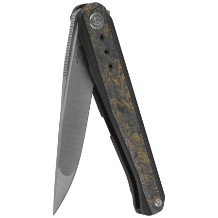 Bestech Spear Phisher Black Titanium/Dark Matter Gold Fat Carbon, Hand Rubbed Satin M390 by Todd Knife and Tool (BT2405D)