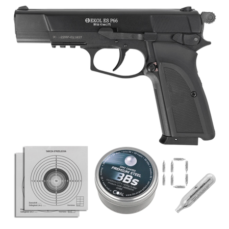 Airgun set 12: Voltran Ekol ES P66 Matte Black 4.5 mm Pistol, 1400 BBs, 10 CO₂ cartridges, 100 targets