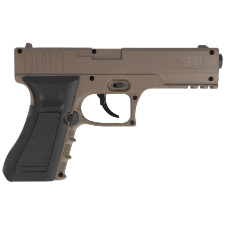 Zestaw wiatrówkowy 61: Pistolet Niksan Defence NKS CP17 Tan 4.5 mm, 1400 BBs, 10 kapsuł CO₂, 100 tarcz