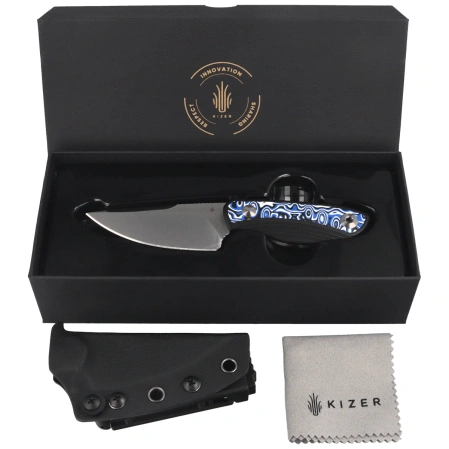 Kizer Finch Knife Black G10/Blue-White Vortex Micarta, Satin AEB-L by Vincent Rizzo (1134A3)