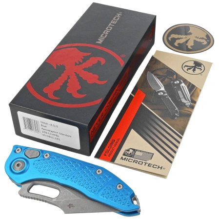 Nóż automatyczny Microtech Stitch-A S/E Blue Aluminium, Apocalyptic M390MK by Borka Blades and Tony Marfione (169-10APBL)