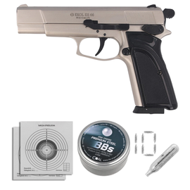 Zestaw pistolet wiatrówka Voltran Ekol ES 66 Satin 4.5 mm, 1400 BBs, 10 kapsuł, tarcze