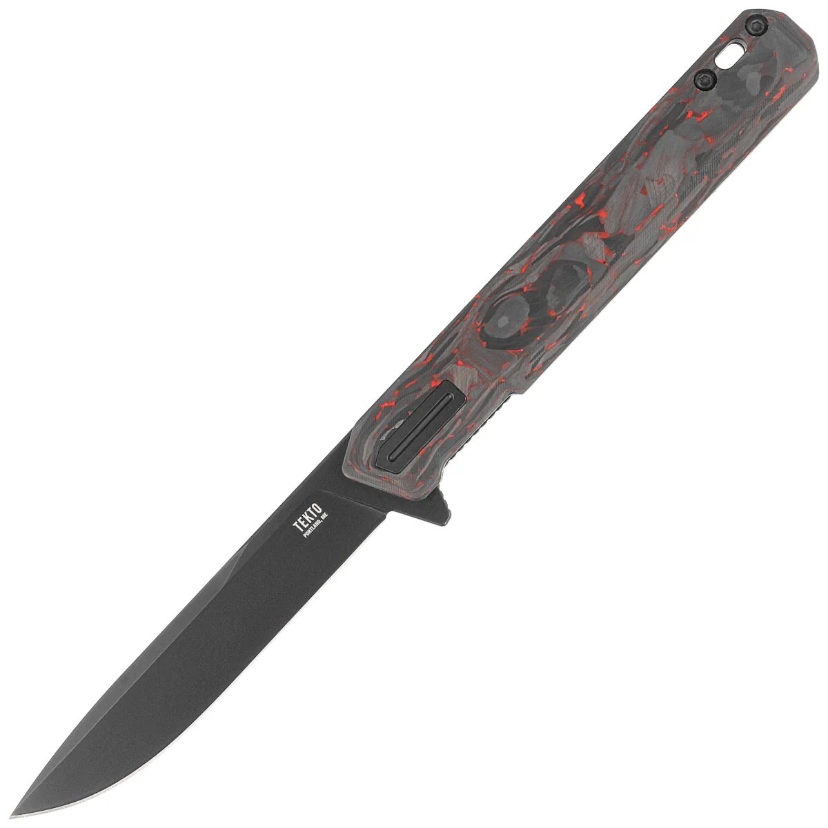 Nóż składany Tekto F2 Bravo Black/Red Forged Ember Carbon, Black HW/Clip, Black D2