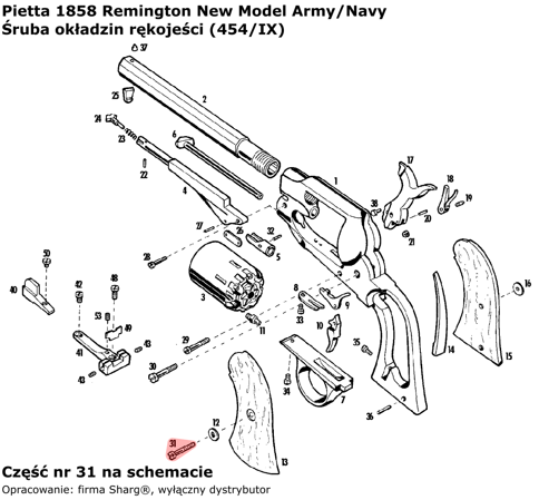 Śruba okładzin rękojeści Pietta 1858 Remington Model Army Stainless (454/IX)